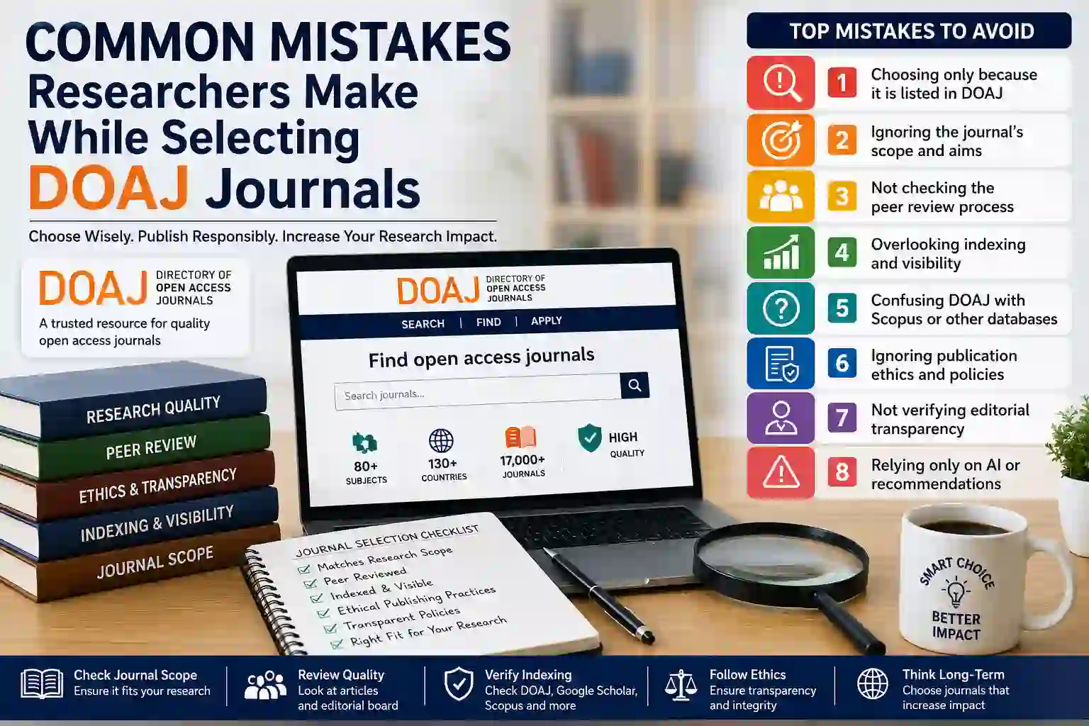 Researcher evaluating DOAJ journals using publication quality, peer review, indexing, and journal selection checklist before submitting a research paper